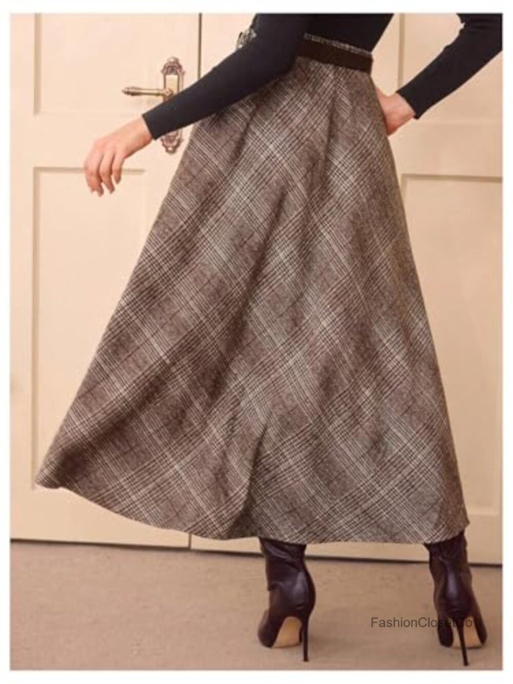 High Waisted Plaid A-Line Long Skirt with Belt Business Casual - Picture 2 of 3